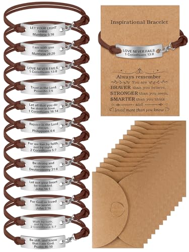Bucherry 12 Pack Christian Gifts Bible Verses Bracelets for Women Men with Cards Envelopes Engraved Inspirational Leather Friendship Bible Verse Bracelets for Vbs Church Party Supplies(Brown)