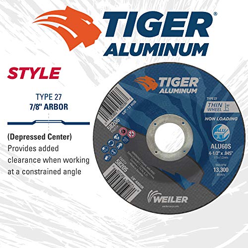 Image of Weiler 58205 4-1 /2 Inch Cutting Wheel, Tiger Aluminum Non-loading Contaminant-free High Performance Cutting, .045 inch ALU60S Type 27 7 /8 inch Arbor, Pack of 25