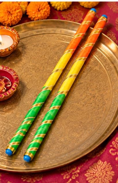 Image of Green & White Floral Dandiya Sticks with Elegant Golden Detailing / ( Pack of 4 Pairs ) Traditional Garba Raas Accessories for Navratri Dance, Dandiya Night & Festive Celebrations / Color May Varies / Pack of 4 Pairs