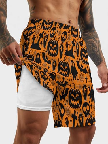 Mens Swim Trunks with Compression Liner,Halloween Pumpkin Ghost Face Men's Inseam Board Shorts Quick Dry Bathing Suit2