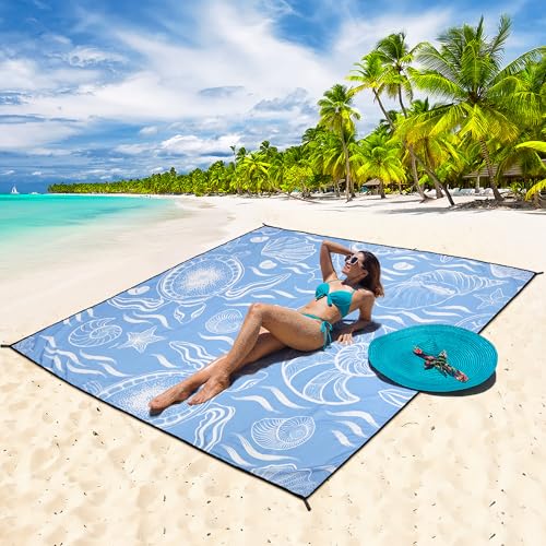 Image of WIWIGO Beach Blanket Mat Waterproof Sandproof for 2-8 Adults Quick Drying | Extra Large Windproof Sand Outdoor Blanket for Travel Camping Hiking Picnic Festival, Family Vacation Accessories Must Have