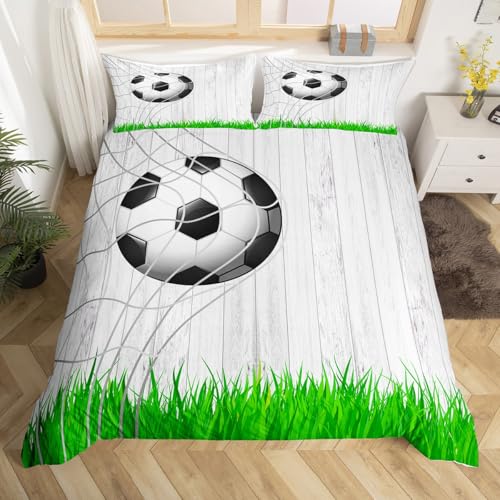 Loussiesd Juego de ropa de cama con temática deportiva de fútbol para niños y adolescentes, juego de funda de edredón de microfibra con diseño de balón de fútbol en 3D, para niñas y adultos