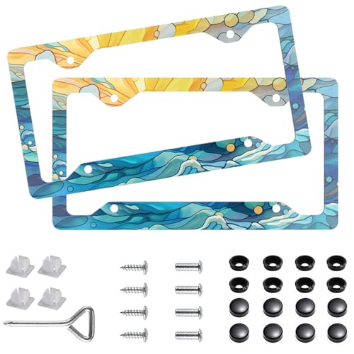 2Pcs Stained Glass Ocean Wave Aluminum Alloy License Plate Holder License Plate Frames with Screw Cap