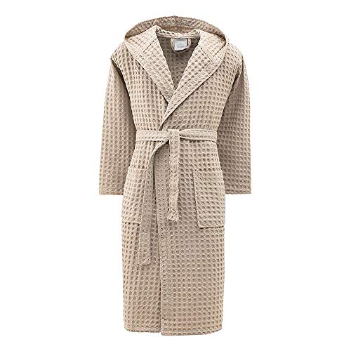 INTRECCI Albornoz 100% algodón de rizo de nido de abeja en color liso con capucha y cinturón - Bata de baño unisex para mujer y hombre (S, Tórtola)