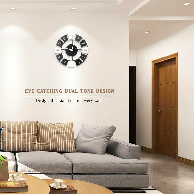 Image of Metal Analog Dual Tone Wall Clock for Living Room Bedroom, Office & Hall | 38 X 38 CM | Stylish Modern Home Decor Wall Clock | Battery Operated | Contemporary Round Design | Black & White