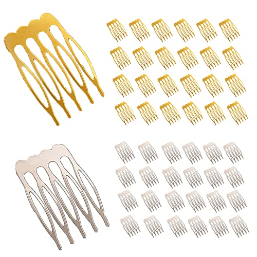 Brateuanoii 50 PCS Peignes Latéraux Cheveux, Peigne à Cheveux Voile de Mariage, Peigne Latéral en Épingle à Cheveux en Métal, pour Femmes Filles Accessoires de Cheveux (Or+Blanc K) Cover