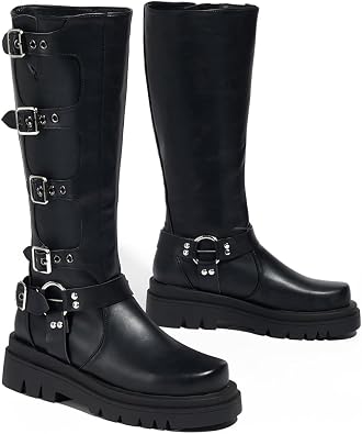 Kluolandi Women's Knee High Motorcycle Riding Boots with Buckle Rivet Square Toe Pull On Wide Calf Biker Boots