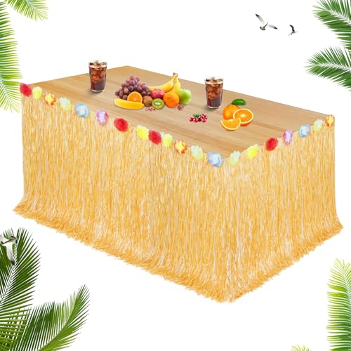 Aomig Toalhas de mesa havaianas, 275 cm x 75 cm, saia de mesa, decoração de festa havaiana, saia de mesa havaiana Luau, decoração festa de praia e verão tropical, com 4 velcro