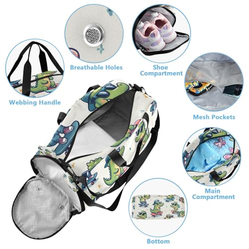 Travel Duffle Bag for Kids Boys Girls Crocodile Cute Little Animal Sports Bag Overnighter Duffle Sleepover Weekender with Shoes Compartment3