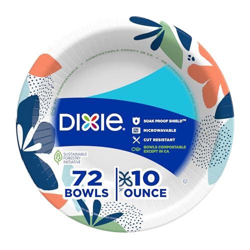 Dixie Small Paper Bowls, 10 Oz, 72 Count, Microwave-Safe, Soak-Proof, Disposable Bowls Great For Snacks, Dessert, And Light Lunch Meals