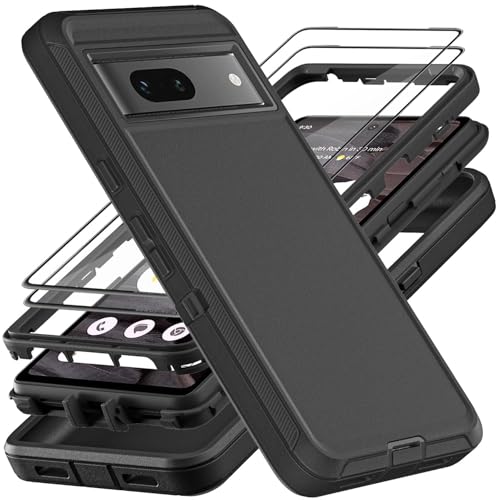 YKHJKLEC for Google Pixel 7a Case, Military Grade 3 in 1 Heavy Duty Shockproof/Drop Proof/Dust Proof Case with 2Pcs Tempered Glass Screen Protector (Black/Black) by YKHJKLEC - Used condition - US$11.53
