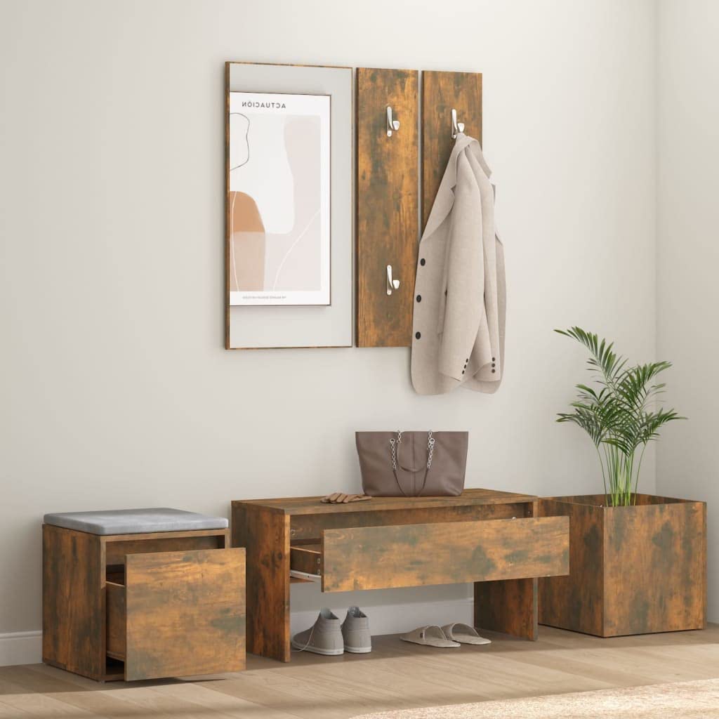 Generico 5-teiliges Flurmöbel-Set aus Eichenholz, mehrschichtig, mit Bank, Spiegel, Kleiderbügel und Aufbewahrungsbox mit Schublade für den Eingang, 5-teilig