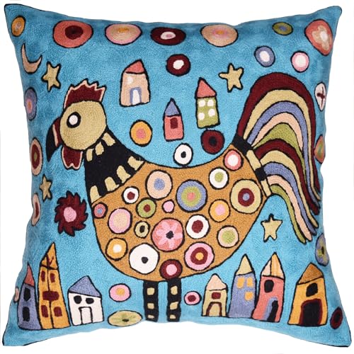 Kashmir Designs Turquoise Rooster Accent Pillow Cover Bird Cockerel Decorative