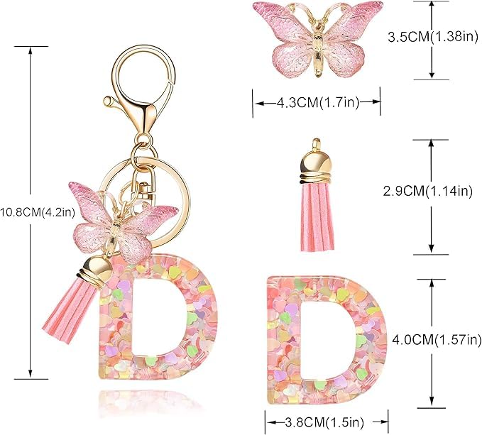 Image of GEOCARTER Lightweight Fashion Initial Letter Key Ring with Butterfly Pendant & Tassel, Stylish Purse Charm for Handbags, Car Keys, Gifts for Girls & Women