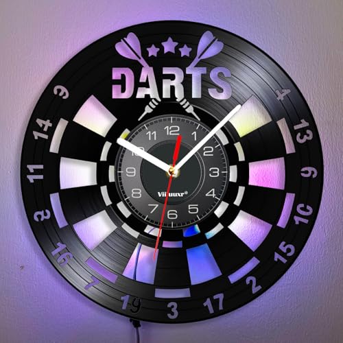 Viiluuxr LED Leuchtend Vinyl Schallplatten Uhr Led-Streifen Darts Designs Kunsthandwerk Bars Küche Spielzimmer Deko Geschenke für Dartbegeisterte, Nachtlicht Leuchtendes Ambiente Wanduhr.(Farbenfroh)