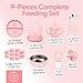 9-Piece Silicone Baby Feeding Set | Suction Bowl, Plate, Bib, Cup, Fork & Spoon | BPA-Free Food-Grade Silicone Baby Tableware | Baby-Led Weaning | Dishwasher (Pink)
