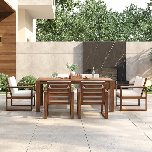 Image of Outdoor Patio Dining Table and Chairs Set for 6, 7 PCS Patio Furniture Set | Outdoor Dining Set for 6 with Umbrella Hole, Wood Frame with Removable Cushion for Garden, Backyard, Lawn and Poolside