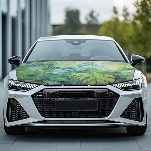 Image of Green Palm Leaves Car Hood Cover for Automobiles, Car Bonnet Banner, Universal Fit, Elastic Polyester, Stretchable, Waterproof Automotive Hood Covers,Car Accessories