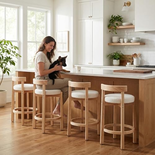 Image of LukeAlon Sherpa Counter Stools Set of 4, Mid Century Upholstered 26.5 inch Seat Height Low Barstools with Natural Wood Legs Round Low Back Kitchen Stools with Footrest for Dining Room, White