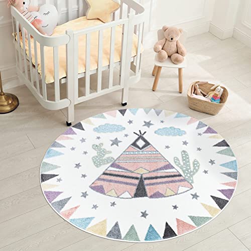 carpet city Teppich Kinderzimmer Indianer-Look 120 cm Rund - Creme, Multi - Runder Kinderteppich...
