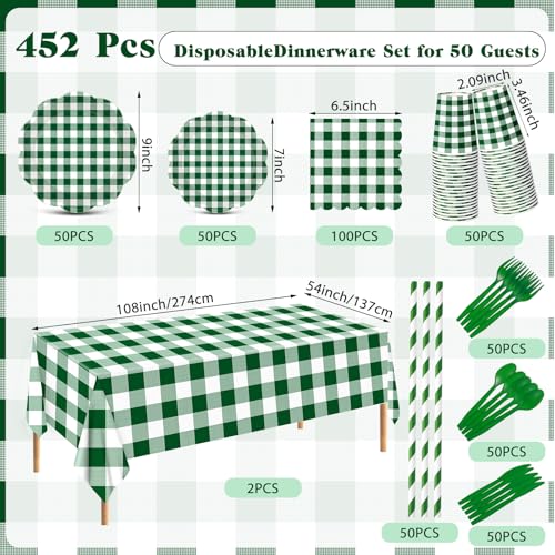 Image of Funnymoom 452 Pcs Green Gingham Party Supplies for 50, Dark Green Plaid Checkered Paper Plates Napkins Cups Tablecloth Cutlery Straws for Holiday Birthday Baby Shower Party Decoration