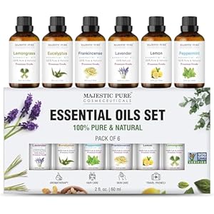 Majestic Pure 100% Pure Essential Oils Set – 6 x 10ml (Peppermint, Lavender, Eucalyptus, Tea Tree, Lemongrass) For Diffusers, Aromatherapy, Candles, Humidifiers