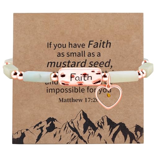 Image of Elastic Faith Bracelet for Women, Adjustable 7 inch Natural Stone Bracelet with Heart Mustard Seed Charm, Spiritual Christian Jewelry for Baptism, Graduation, Religious Celebration YA4856