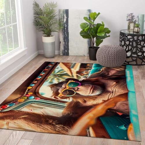 屋内屋外カーペット 90x120cm トロピカルヤシの木ファッションサングラスモンキープリントフロアラグ保育園寝室用ローパイルウォッシャブル
