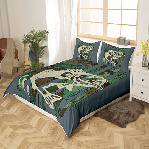 Kids Green Camouflage Bedding Set Queen Camo Big Pike Fish Bedding Duvet Cover Set For Boys Girls Farmhouse Fishing Decor Comforter Cover Set Wild Bass Fish Bedspread Cover 3Pcs Rustic Bedroom #TOP1