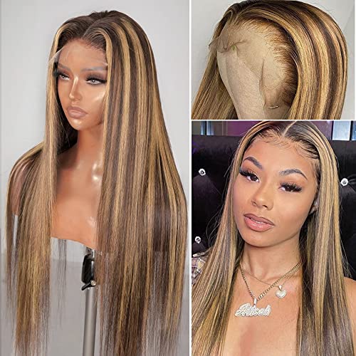 Balayage Human Hair Lace Front Wigs Medium Brown and Strawberry Blonde Highlights Lace Part Wigs Pre Plucked Silky Straight for Women Middle Part 13x1 Deep Part Lace Wigs 150% Density 12 Inch