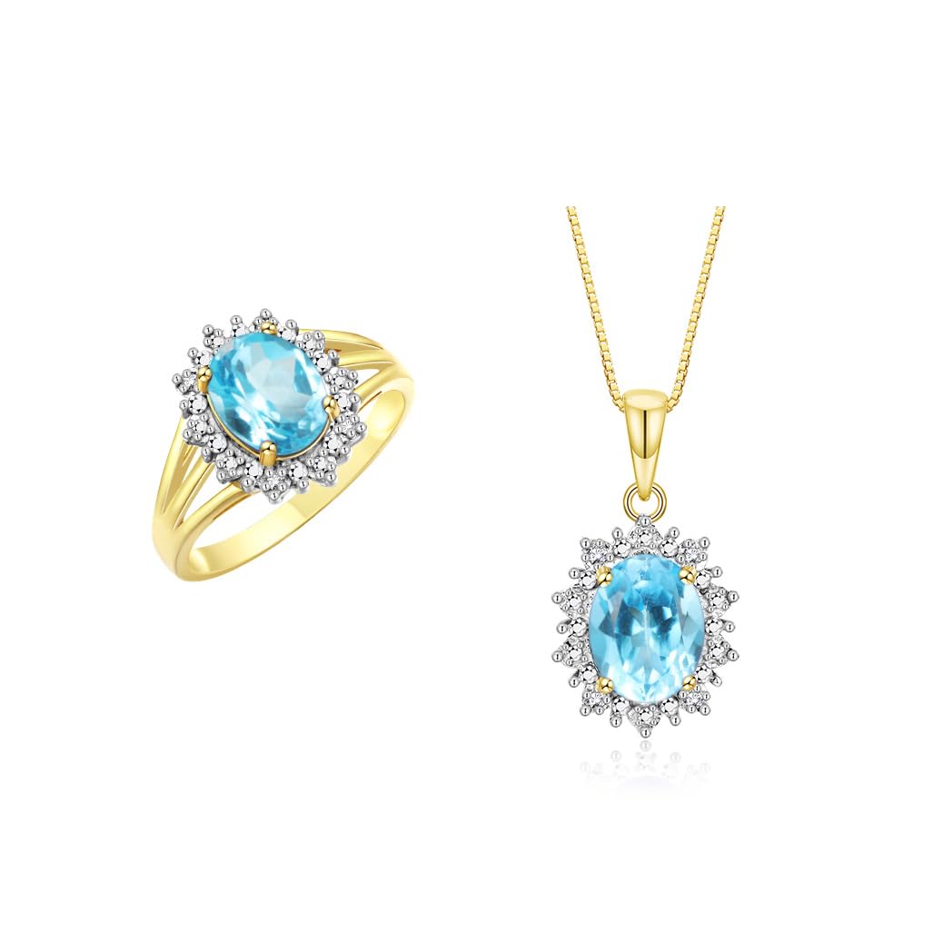 Rylos Women's Yellow Gold Plated Silver Princess Diana Ring &amp; Pendant Set. Gemstone &amp; Diamonds, 9X7MM Birthstone. Matching Friendship Jewelry, Sizes 5-10.