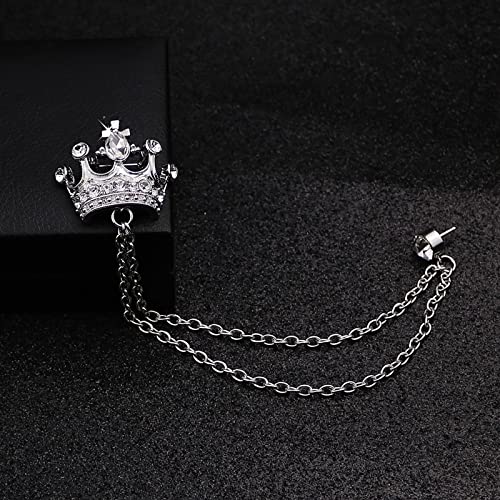 image for HUJUON Crystal Crown Hanging Chain Brooch Suit Pin,Vintage Gold Crown 