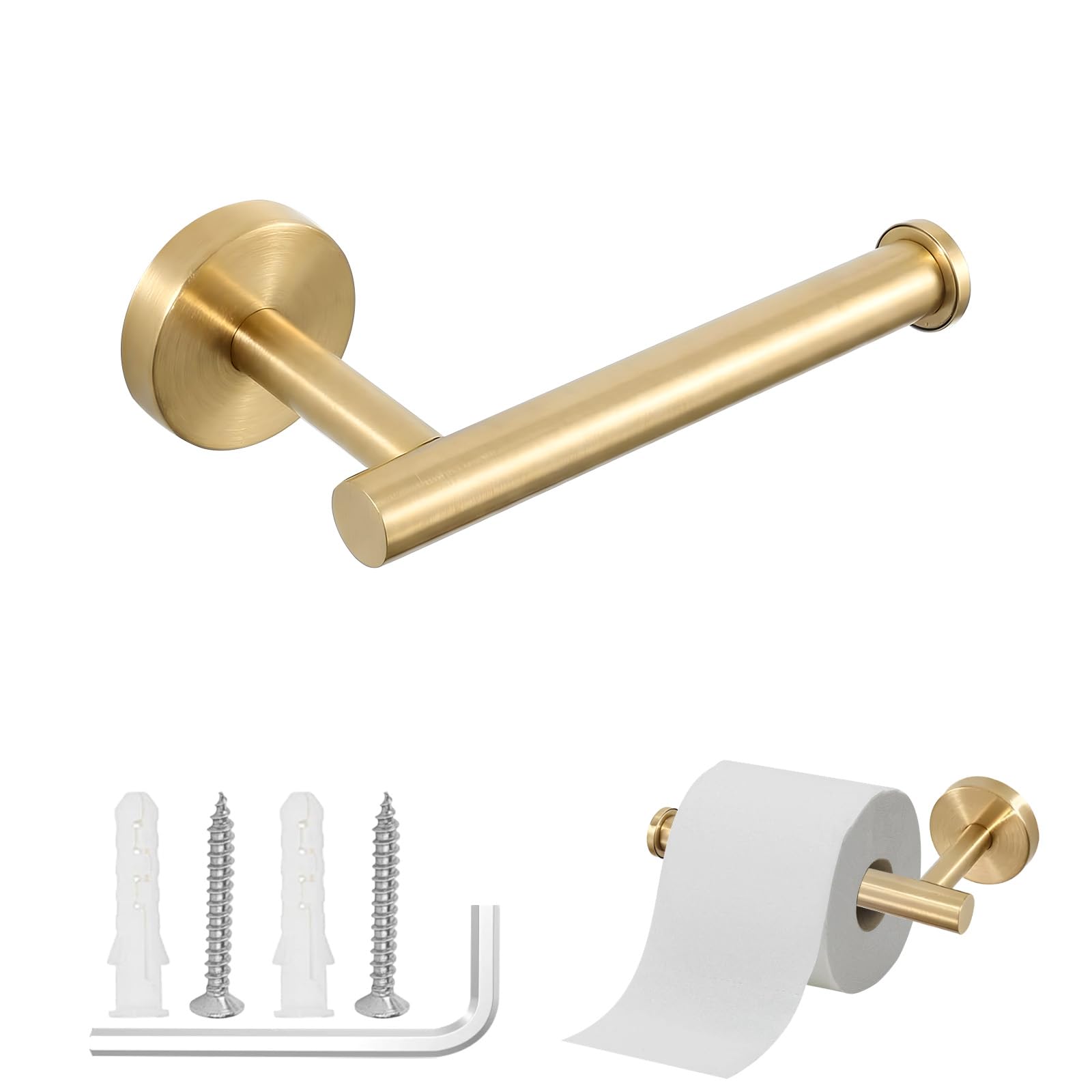 Toilet Roll Holder Wall Mounted Brass Toilet Paper Holder Brushed Loo Roll Holder Chrome 304 Stainless Steel Single Arm Rustproof Toilet Roll Holders for Bathroom Washroom and Kitchen Storage (Gold)