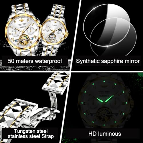 Image of OLEVS Couple Pair Watches Set Automatic Mechanical Self Winding Dress Matching Watch for His and Hers Valentines Day Gifts