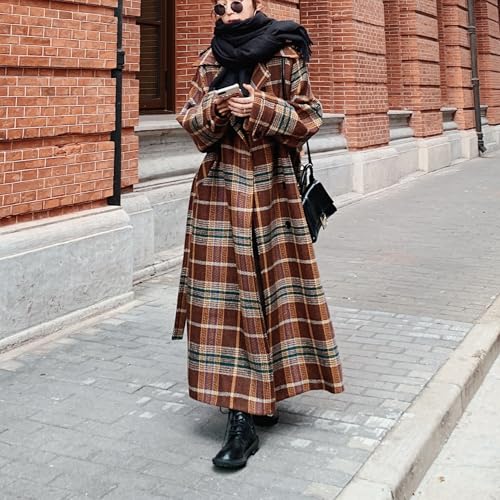 chouyatou Women's Plaid Button Down Wool Coat Notch Lapel Overcoat Winter Long Trench Coat with Belt2