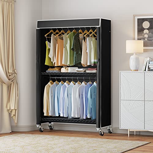 Vipek V12C Heavy Duty Rolling Garment Rack With Cover Clothing Rack For Hanging Clothes Portable Closets With Adjustable 3 Wire Shelving & Double Rods, Wardrobe On Wheels, Black Rack With Black Cover #TOP1