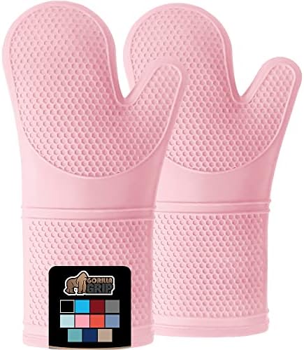 Gorilla Grip Heat and Slip Resistant Silicone Oven Mitts Set, 14.5 in, Soft Cotton Lining, Waterproof, BPA-Free, Extra Long Thick Gloves for Cooking, BBQ, Kitchen Mitt Potholders, Sets of 2, Pink