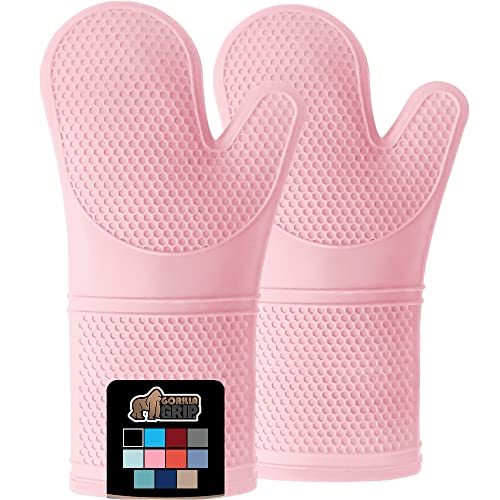 Gorilla Grip Heat And Slip Resistant Silicone Oven Mitts Set, 14.5 In, Soft Cotton Lining, Waterproof, Bpa-Free, Extra Long Thick Gloves For Cooking, Bbq, Kitchen Mitt Potholders, Sets Of 2, Pink #TOP19
