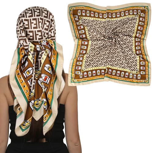 EXTREE Women's 35 inch Fashion Headscarf Silk Satin Scarf for Hair Wrapping at Night Bandana Square Scarf for Sleeping Letter F Beige