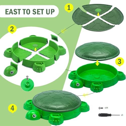 Image of VROGTIK Turtle Sandbox with Lid & Beach Toys Set, 38 inch Kids Sandbox for Toddlers 3-8, Indoor Outdoor Sensory Play Sand Box with Cover, Summer Gift for Ages 3-8