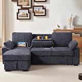ERYE L-Shaped Pull Out Sleeper Sofa Bed, Modern Chenille Upholstered Button Tufted Corner Reversible Sleeper Sectional Sofa Couch with Storage Chaise, Drop-Down Table, Cup Holders and Charging Ports