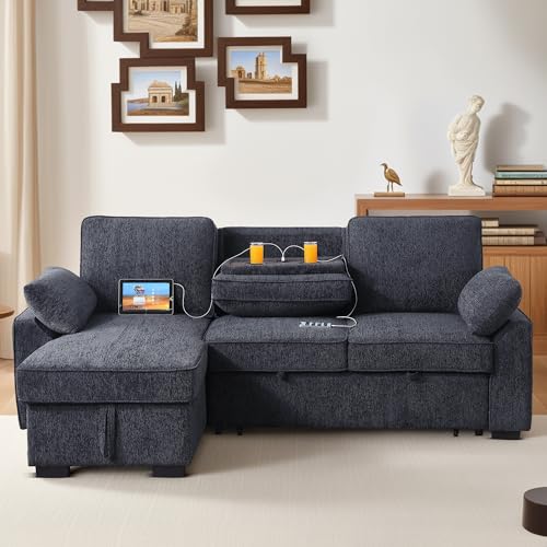 ERYE L-Shaped Pull Out Sleeper Sofa Bed, Modern Chenille Upholstered Button Tufted Corner Reversible Sleeper Sectional Sofa Couch with Storage Chaise, Drop-Down Table, Cup Holders and Charging Ports