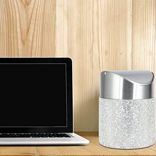 Image of KEYPOWER Bling Rhinestone Mini Trash Can Tiny Waste Can with Swing Lid Stainless Steel,Suitable for Countertop,Car,Table Desk(White)