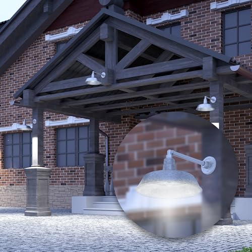 Image of 14in. Galvanized Outdoor Gooseneck Barn Light Fixture with 13in. Long Extension Arm - Wall Sconce Farmhouse, Vintage, Antique Style - UL Listed - 9W 900lm A19 LED Bulb (5000K Cool White)