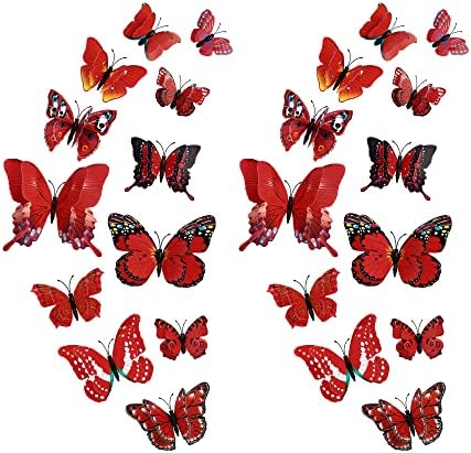 24PCS Butterfly Wall Decals Removable 3D Butterflies Decor for Wall Sticker Mural Stickers Home Decoration Kids Room Bedroom Decor (Double Layer-Red/24PCS)