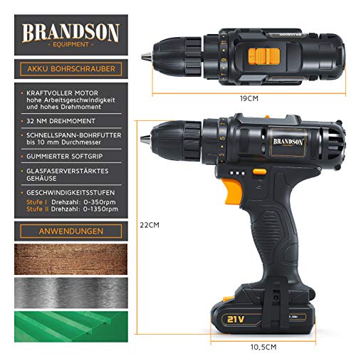 Brandson - 21 V Akkuschrauber - Akku Bohrschrauber - 21 V Lithium-Ionen Akku, 2 Geschwindigkeitsstufen, 32 Nm Drehmoment… – Bild 3