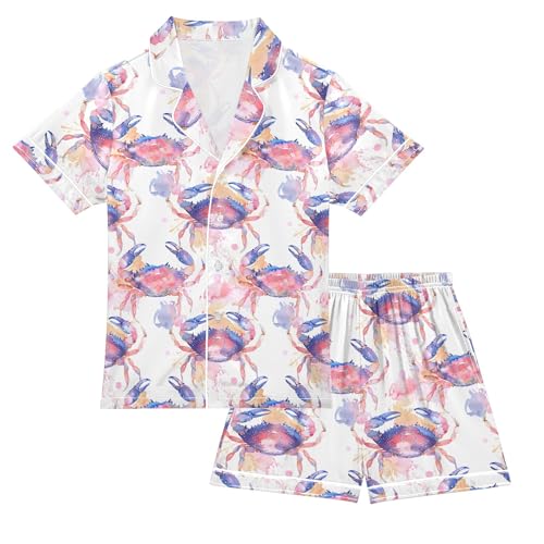 Watercolor Pink Crab Summer Satin Pajama Set, Cute Button-Down Sleepwear Pj Set for Sleep Wears
