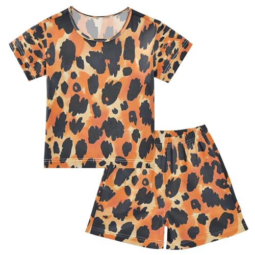 ALAZA Orange Spots Watercolor Leopard Pajamas Set Short Sleeve Cotton Sleepwear Summer Pjs 2 Piece 5-14Y