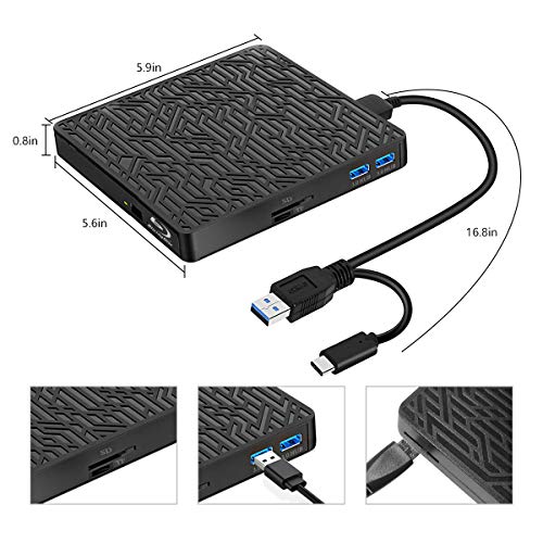 External Blu Ray Drive, Wintale Usb3.0 Type-C External Blu Ray Burner Slim Optical Cd Dvd Drive Burner With Sd/Tf Card Reader/2 Usb3.0 Hubs For Pc Windows Xp/7/8/10, Macos, Macbook, Laptop, Desktop #TOP6