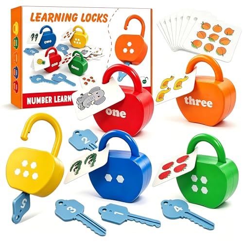 Image of GEERAY Cause and Effect Toys for Toddlers 3 4 5, Montessori Lock & Key Set with 5 Apple-Shaped Locks, Keys & 10 Cards - Numbers Matching & Counting, Preschool Learning Games Gifts